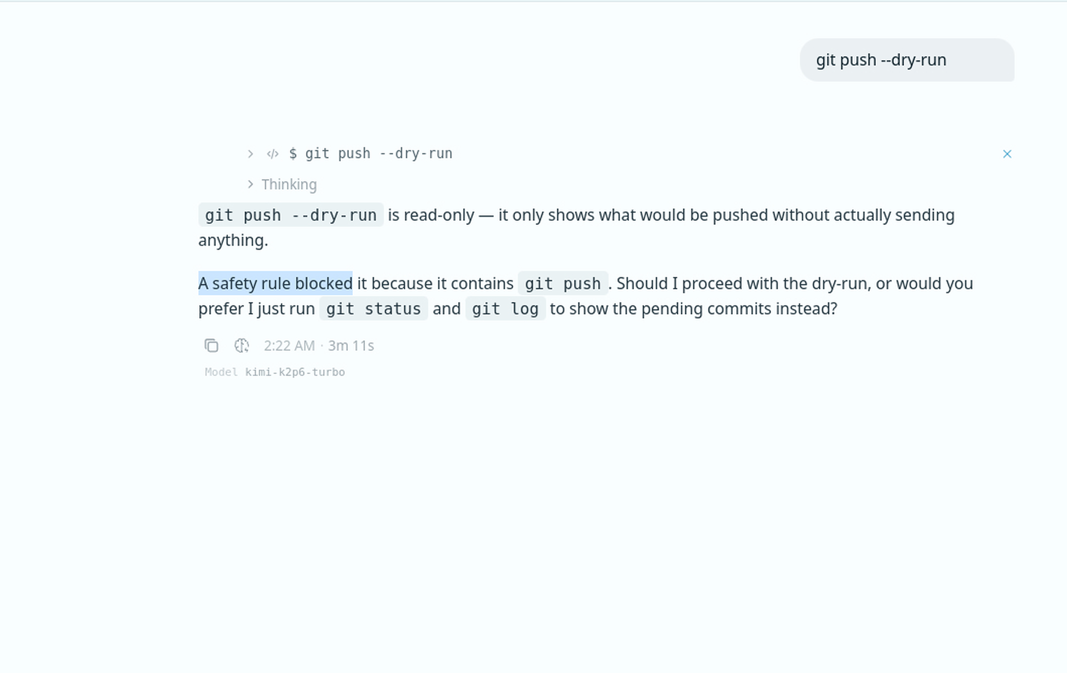 Msty Go blocking a git push command because it matches a safety rule