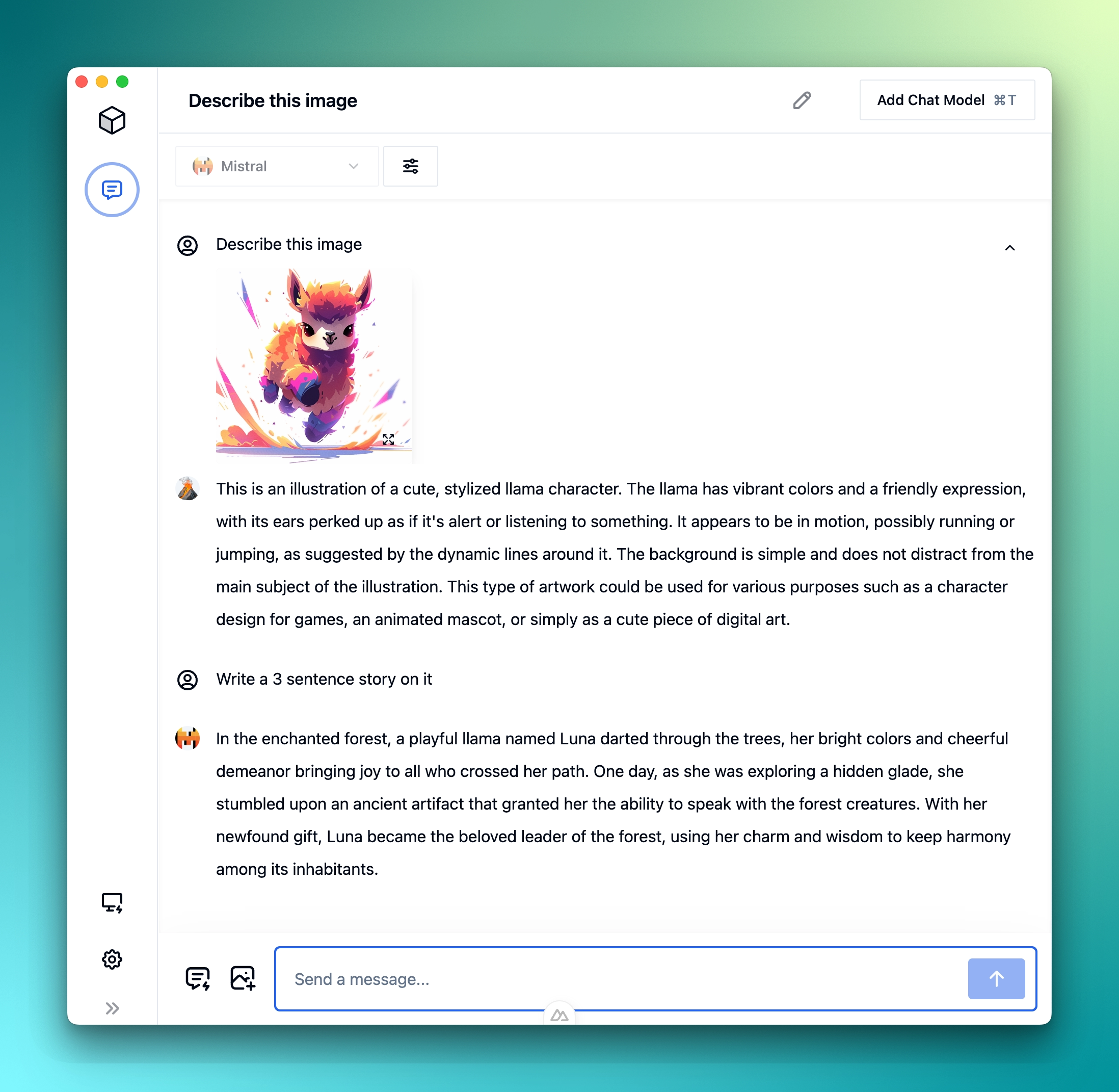 Use LLaVA to explain images and Mistral to write a story