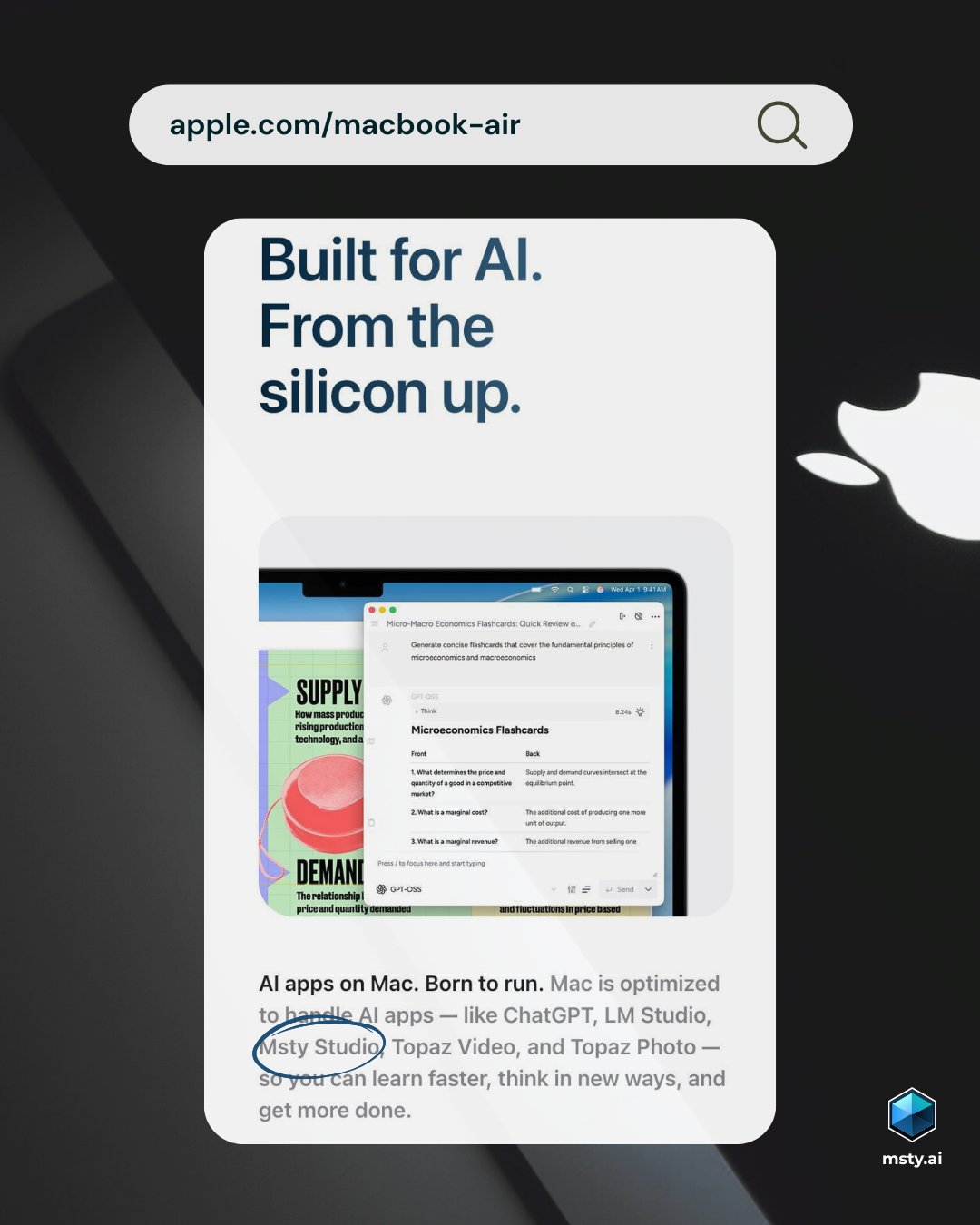 Apple MacBook Air with M5 launch visual featuring Msty Studio