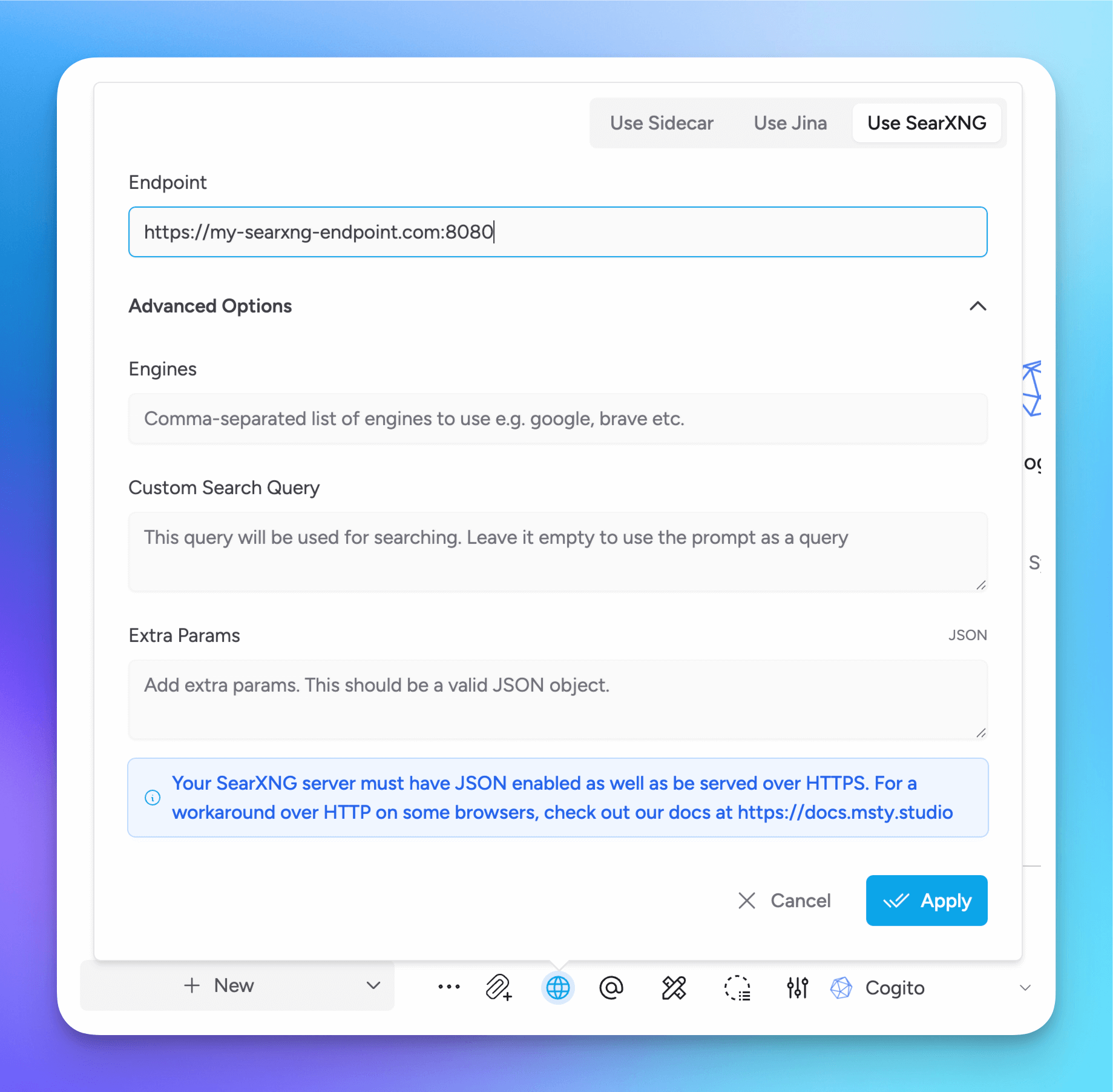 searxng msty configuration