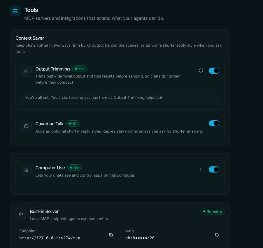Token optimization features showing Context Scout, Side Chat, and Caveman Talk controls
