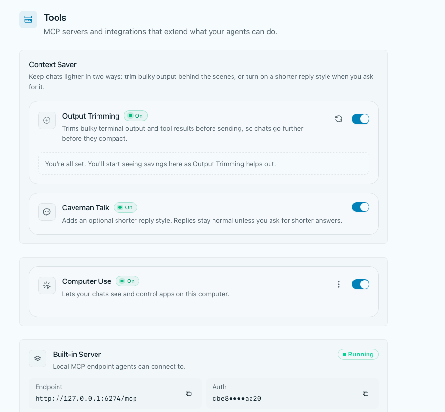 Token optimization features showing Context Scout, Side Chat, and Caveman Talk controls
