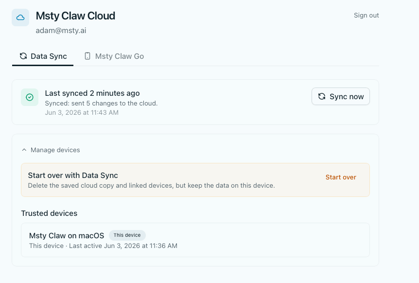 Cloud Sync device management showing trusted devices, sync status, and phone pairing options