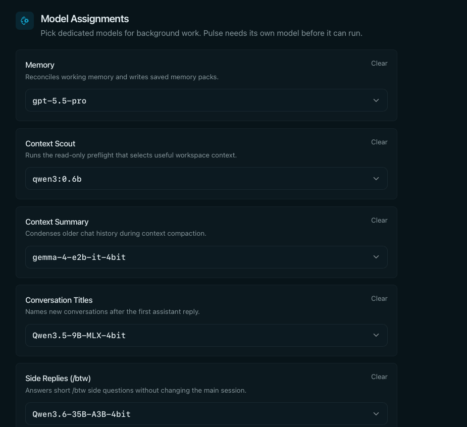 Model routing configuration showing local and cloud provider assignments with health checks