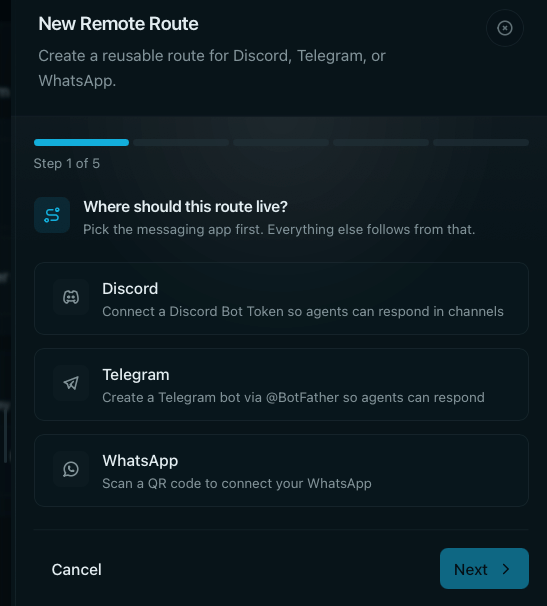 Channels configuration showing remote routes for Telegram, Discord, and WhatsApp