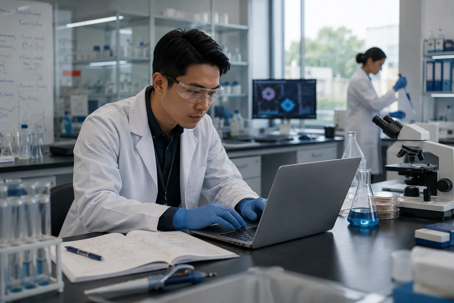 A researcher annotating source material in a library